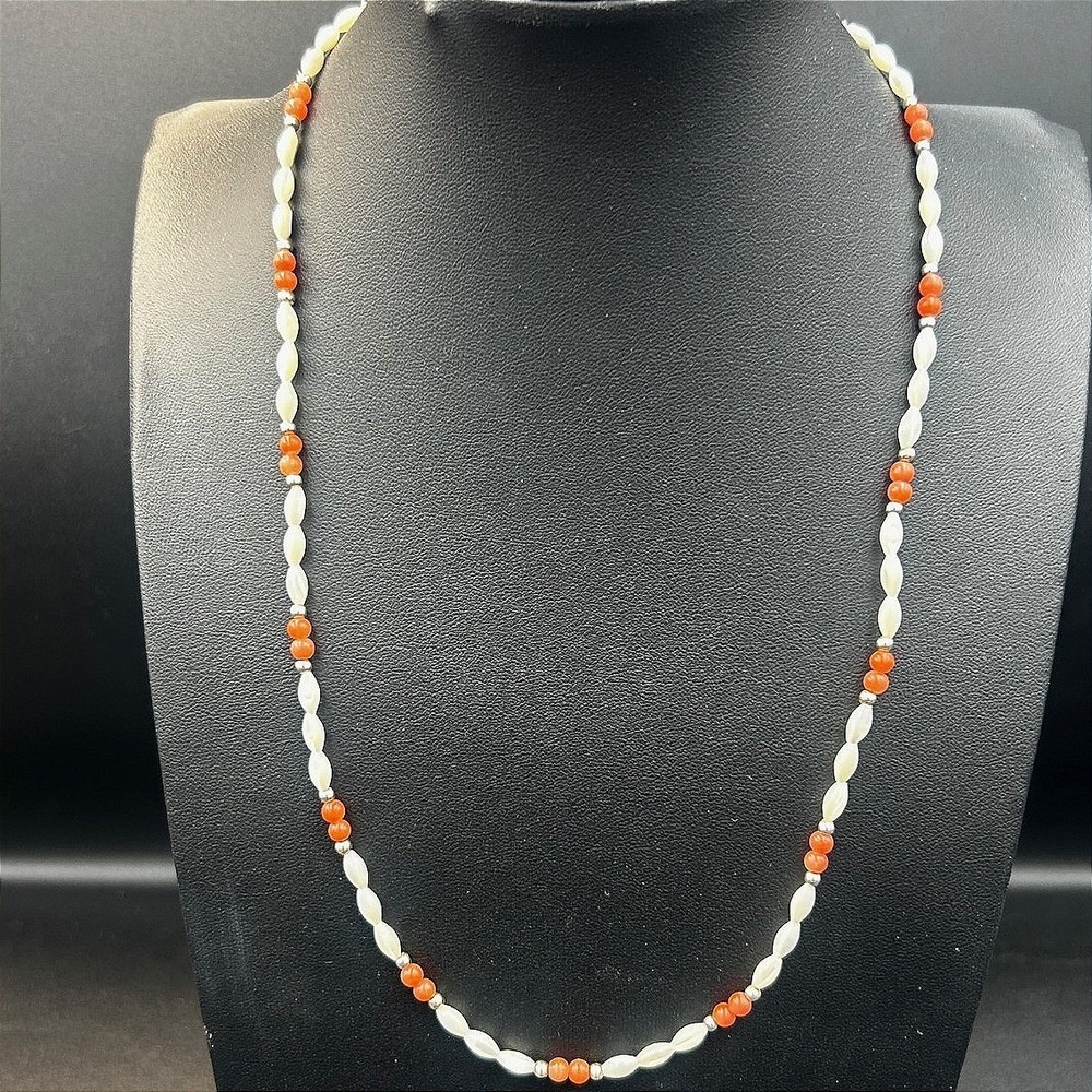 Vintage White & Orange Beaded Necklace Small Oval Beads Retro Jewelry 22"